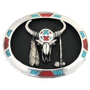Medicine Bull Belt Buckle Turquoise Coral Feather